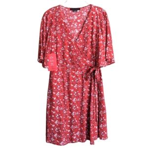Sanctuary Dress Red Floral Faux Wrap Flutter Sleeves Size XS Garden Girl